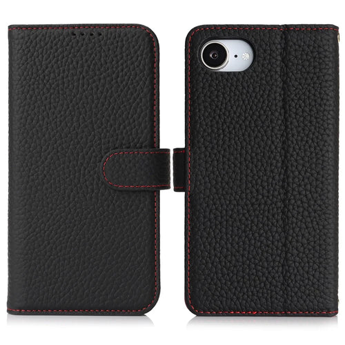 For iPhone 17e / 16e Stand Case Litchi Texture Genuine Cow Leather Wallet Phone Cover RFID Blocking - Black  /  Red - 1