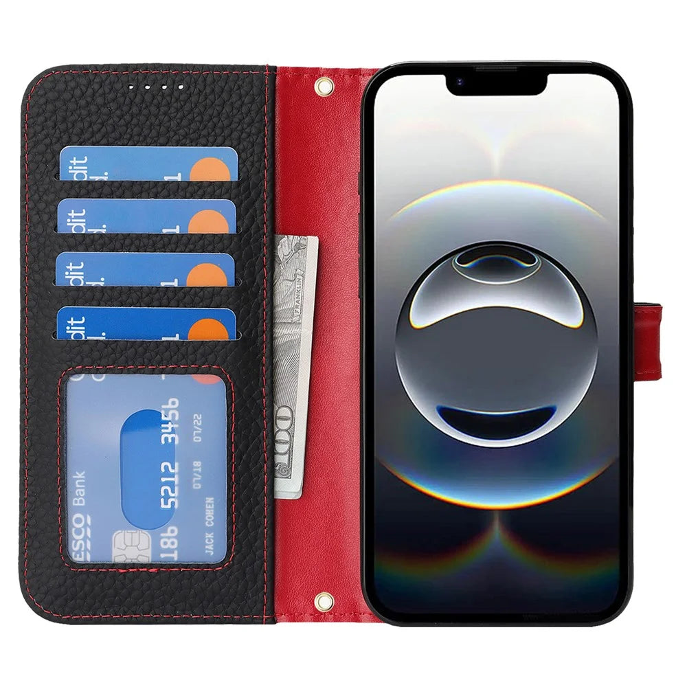 For iPhone 17e / 16e Stand Case Litchi Texture Genuine Cow Leather Wallet Phone Cover RFID Blocking - Black  /  Red - 2