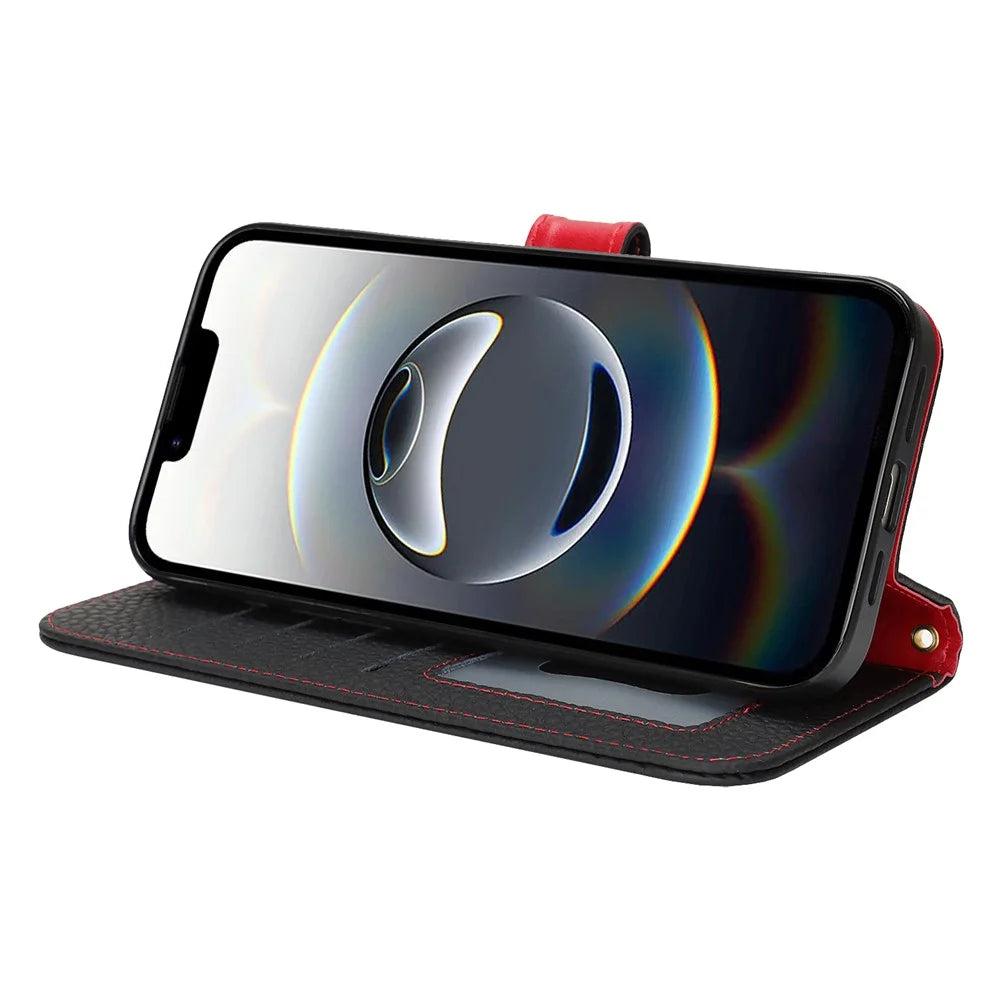 For iPhone 17e / 16e Stand Case Litchi Texture Genuine Cow Leather Wallet Phone Cover RFID Blocking - Black  /  Red - 3