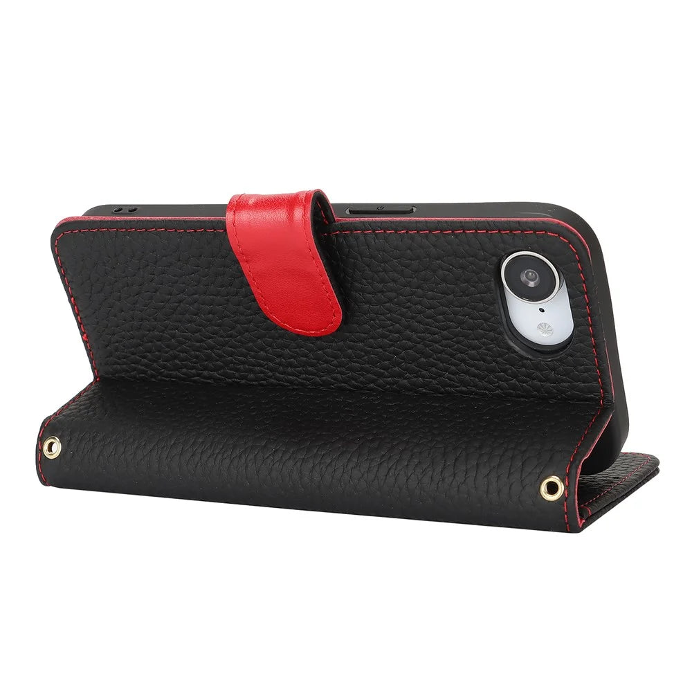 For iPhone 17e / 16e Stand Case Litchi Texture Genuine Cow Leather Wallet Phone Cover RFID Blocking - Black  /  Red - 4