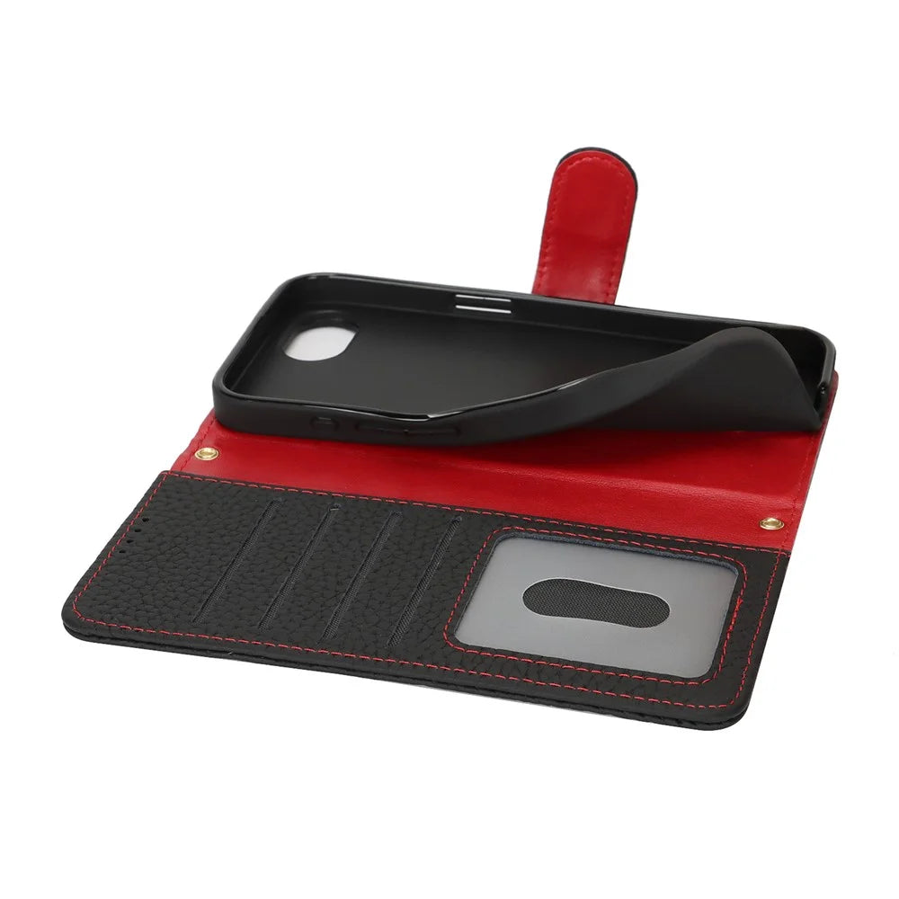 For iPhone 17e / 16e Stand Case Litchi Texture Genuine Cow Leather Wallet Phone Cover RFID Blocking - Black  /  Red - 5