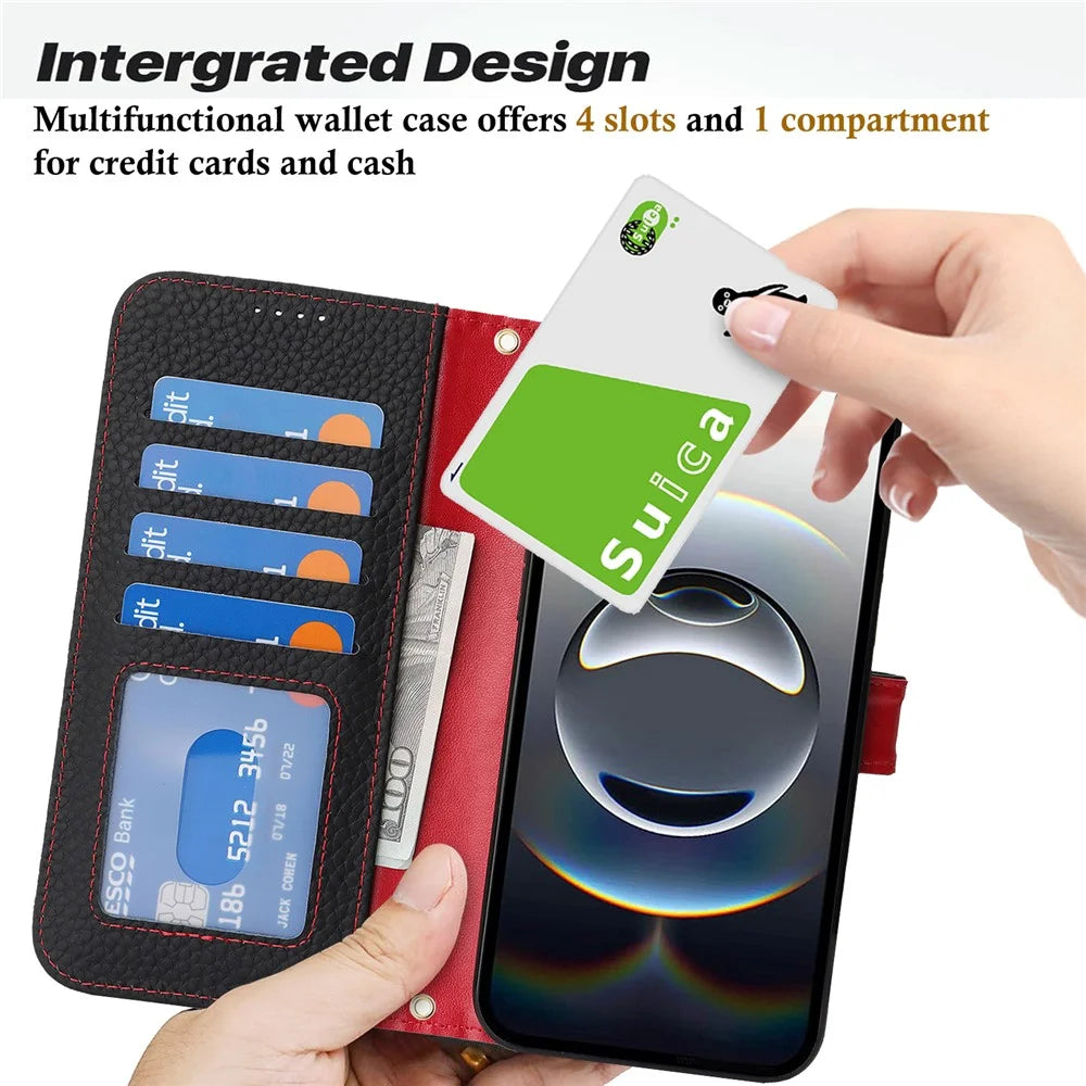 For iPhone 17e / 16e Stand Case Litchi Texture Genuine Cow Leather Wallet Phone Cover RFID Blocking - Black  /  Red - 6