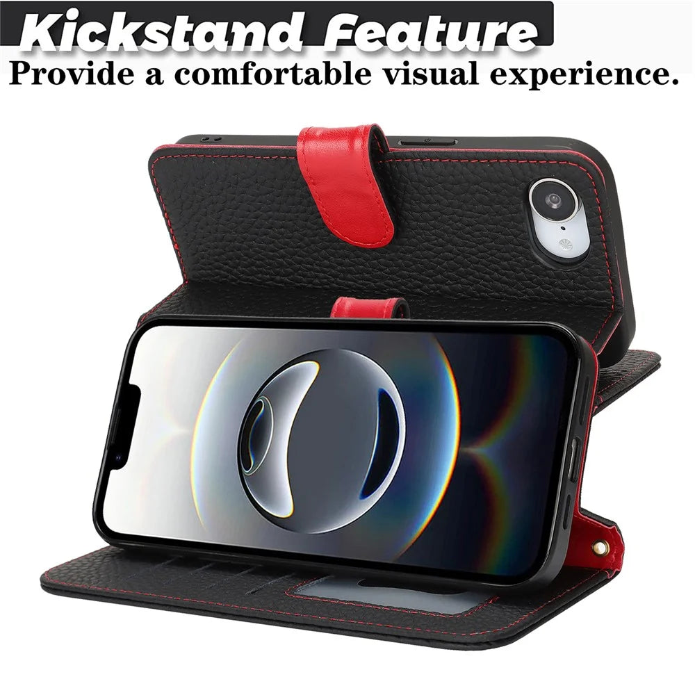 For iPhone 17e / 16e Stand Case Litchi Texture Genuine Cow Leather Wallet Phone Cover RFID Blocking - Black  /  Red - 7