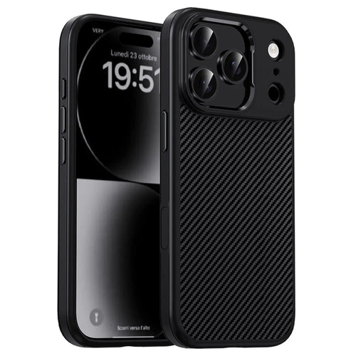 IPAKY For iPhone 17 Pro TPU Case Carbon Fiber Texture Phone Cover Metal Lens Frame - Black - 1