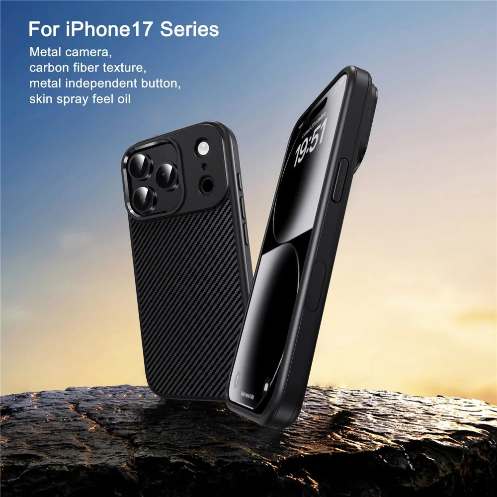 IPAKY For iPhone 17 Pro TPU Case Carbon Fiber Texture Phone Cover Metal Lens Frame - Black - 3