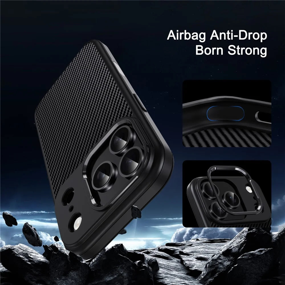 IPAKY For iPhone 17 Pro TPU Case Carbon Fiber Texture Phone Cover Metal Lens Frame - Black - 5