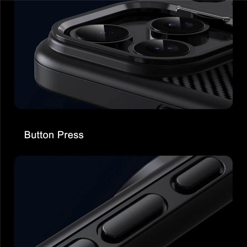 IPAKY For iPhone 17 Pro TPU Case Carbon Fiber Texture Phone Cover Metal Lens Frame - Black - 7