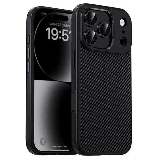 IPAKY For iPhone 17 Pro Max TPU Case Carbon Fiber Texture Phone Cover Metal Lens Frame - Black - 1