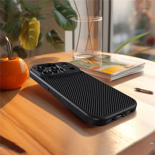 IPAKY For iPhone 17 Pro Max TPU Case Carbon Fiber Texture Phone Cover Metal Lens Frame - Black - 2