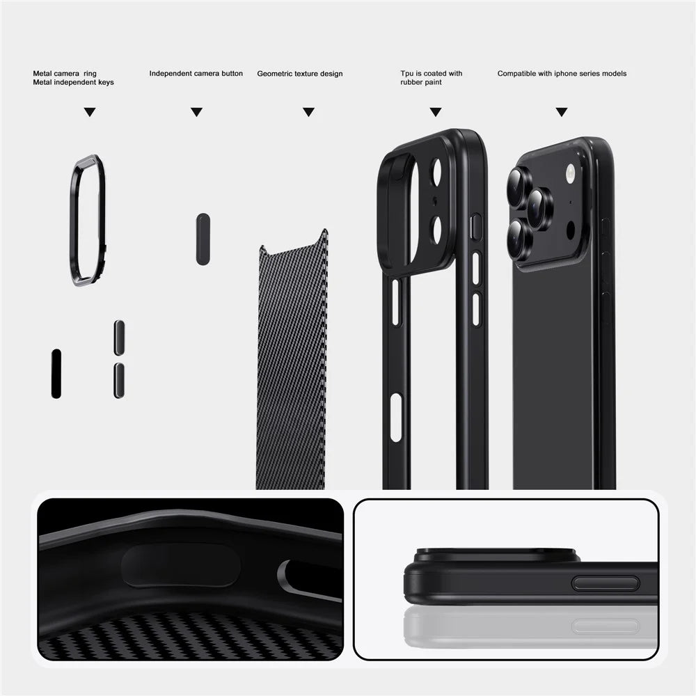 IPAKY For iPhone 17 Pro Max TPU Case Carbon Fiber Texture Phone Cover Metal Lens Frame - Black - 4