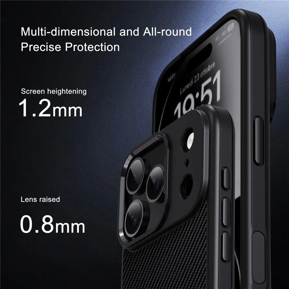 IPAKY For iPhone 17 Pro Max TPU Case Carbon Fiber Texture Phone Cover Metal Lens Frame - Black - 6