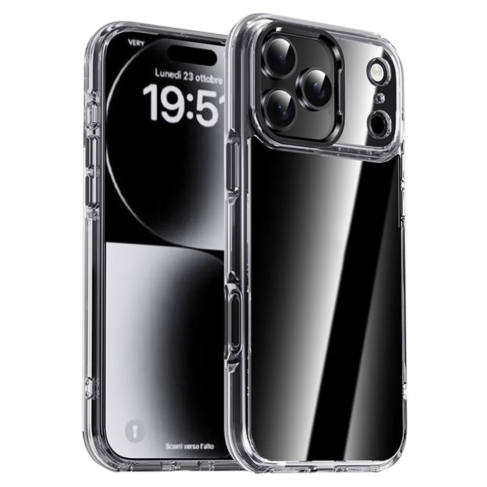 IPAKY For iPhone 17 Pro Clear Case Metal Lens Frame Shockproof TPU Phone Cover - Black - 1