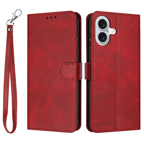 For iPhone 17 Case Flip Stand Calf Texture PU Leather Wallet Phone Cover with Strap - Red - 1