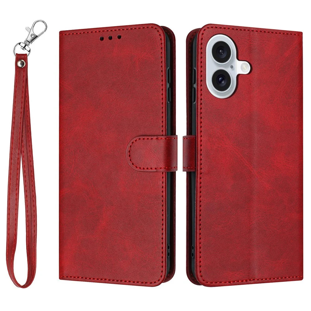 For iPhone 17 Case Flip Stand Calf Texture PU Leather Wallet Phone Cover with Strap - Red - 1