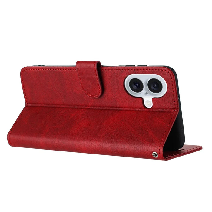 For iPhone 17 Case Flip Stand Calf Texture PU Leather Wallet Phone Cover with Strap - Red - 3