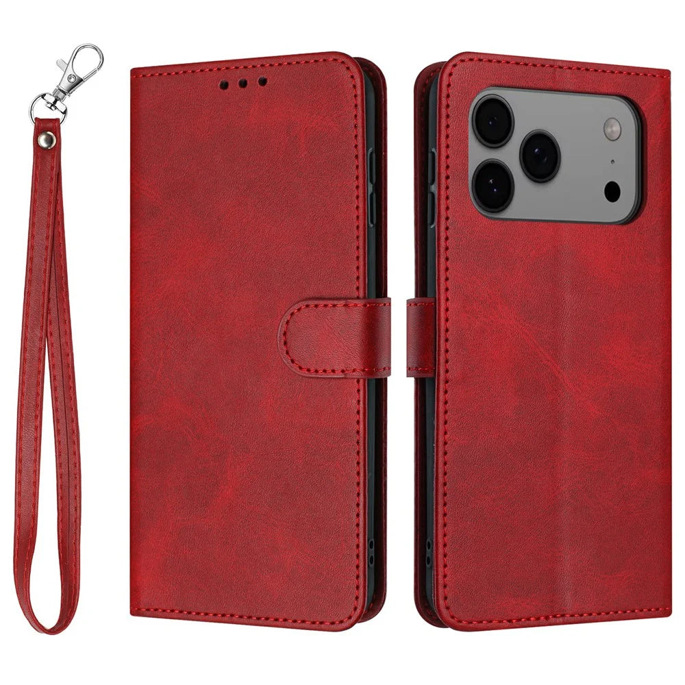 For iPhone 18 Pro Max / 17 Pro Max Case Flip Stand Calf Texture PU Leather Wallet Phone Cover with Strap - Red - 1