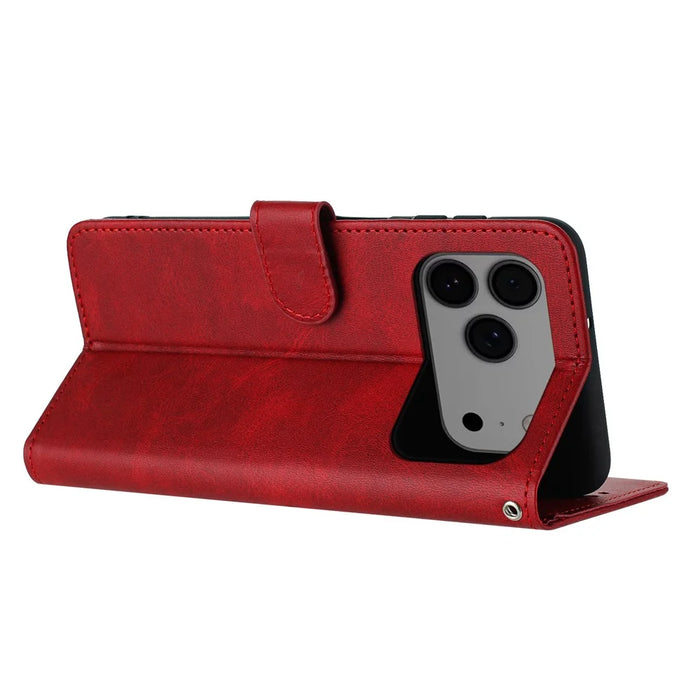 For iPhone 18 Pro Max / 17 Pro Max Case Flip Stand Calf Texture PU Leather Wallet Phone Cover with Strap - Red - 3