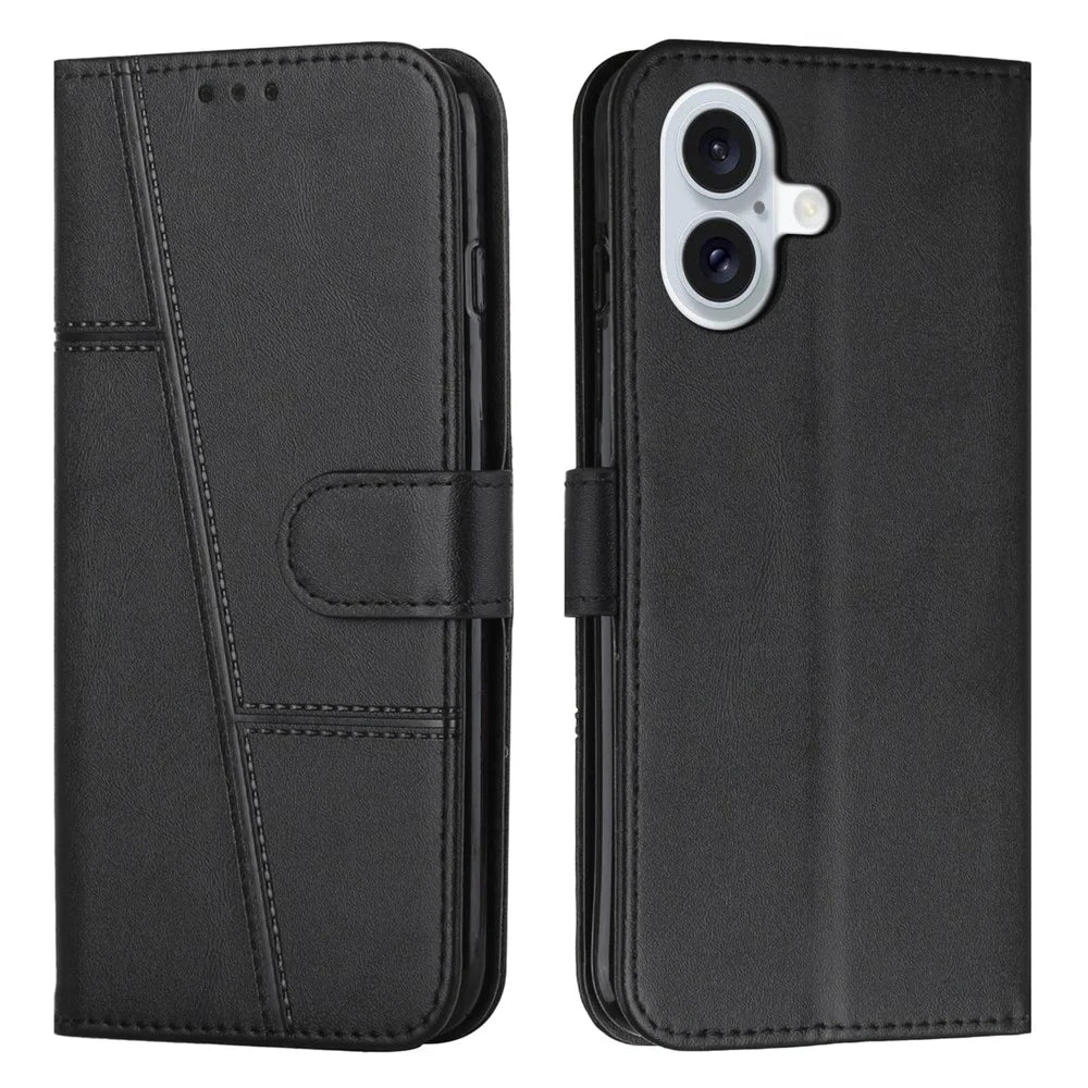For iPhone 17 Leather Phone Case Foldable Stand Wallet Flip Cover with Strap - Black - 1