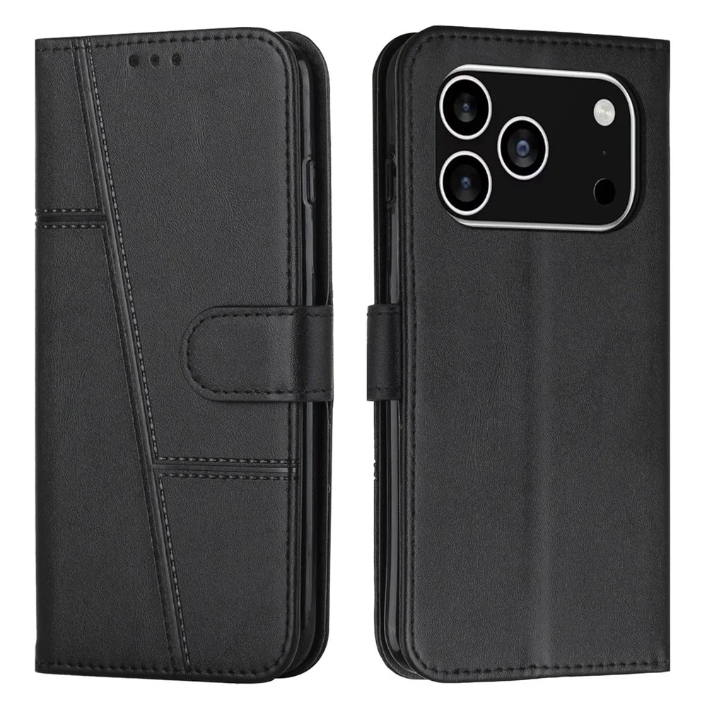For iPhone 18 Pro / 17 Pro Leather Phone Case Foldable Stand Wallet Flip Cover with Strap - Black - 1