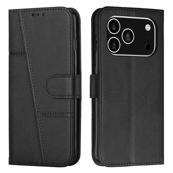 For iPhone 18 Pro / 17 Pro Leather Phone Case Foldable Stand Wallet Flip Cover with Strap - Black - 1