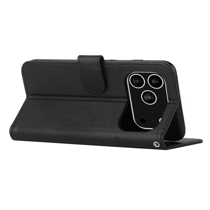 For iPhone 18 Pro / 17 Pro Leather Phone Case Foldable Stand Wallet Flip Cover with Strap - Black - 3