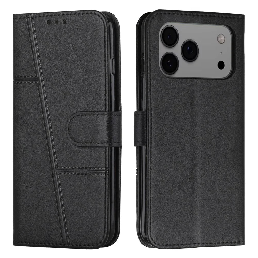 For iPhone 18 Pro Max / 17 Pro Max Leather Phone Case Foldable Stand Wallet Flip Cover with Strap - Black - 1