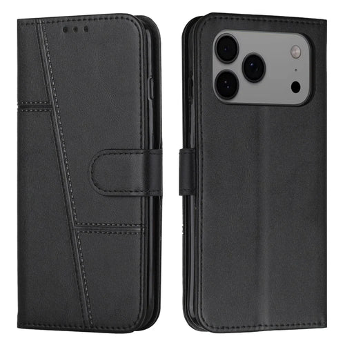 For iPhone 18 Pro Max / 17 Pro Max Leather Phone Case Foldable Stand Wallet Flip Cover with Strap - Black - 1