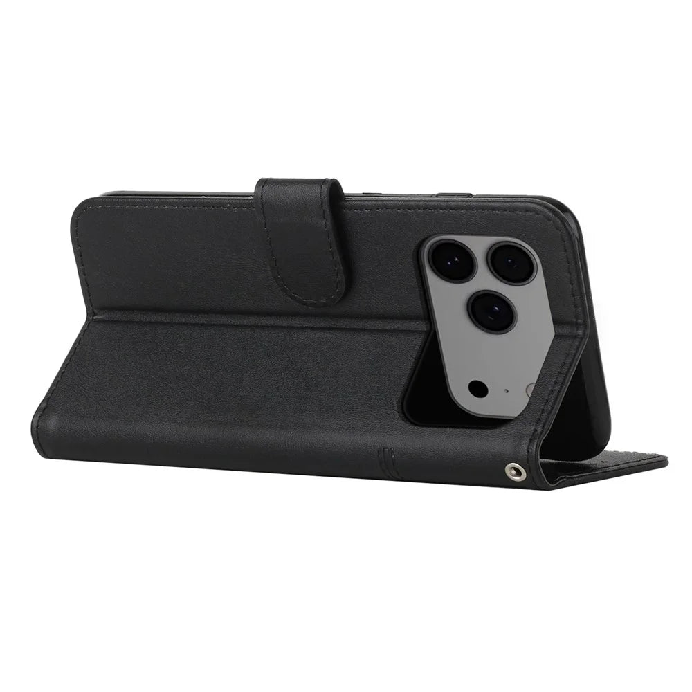 For iPhone 18 Pro Max / 17 Pro Max Leather Phone Case Foldable Stand Wallet Flip Cover with Strap - Black - 3