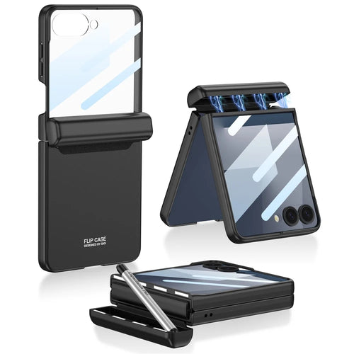 GKK For Samsung Galaxy Z Flip7 5G Case Magnetic Hinge Phone Cover with Front Screen Film and Pen - Black - 1