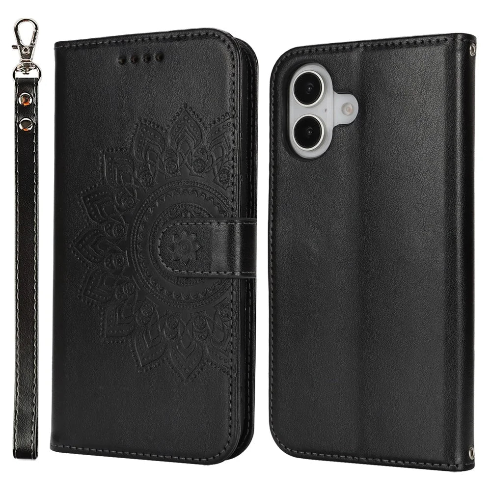 For iPhone 16 Stand Case Textured Leather Wallet Phone Cover with Strap - Black - 1