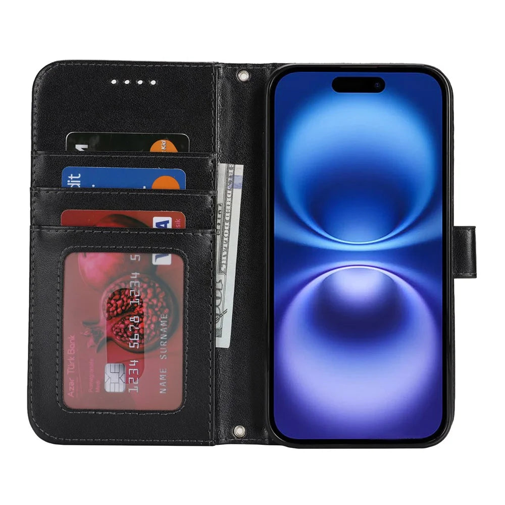 For iPhone 16 Stand Case Textured Leather Wallet Phone Cover with Strap - Black - 2