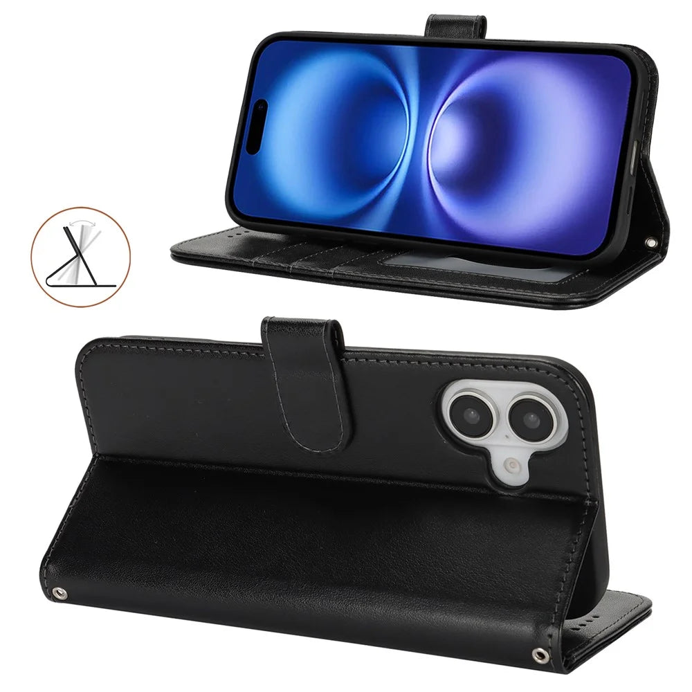 For iPhone 16 Stand Case Textured Leather Wallet Phone Cover with Strap - Black - 3