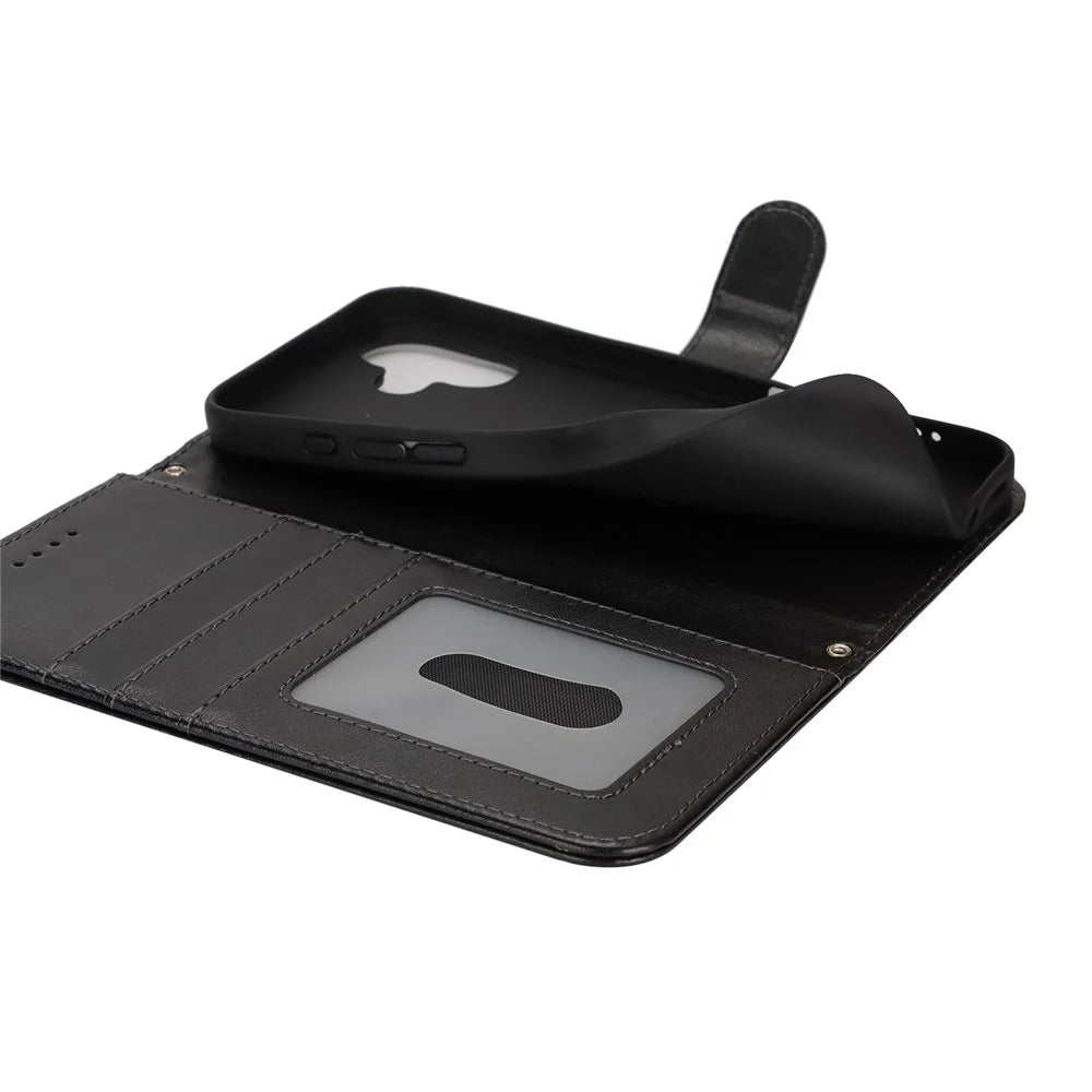 For iPhone 16 Stand Case Textured Leather Wallet Phone Cover with Strap - Black - 4