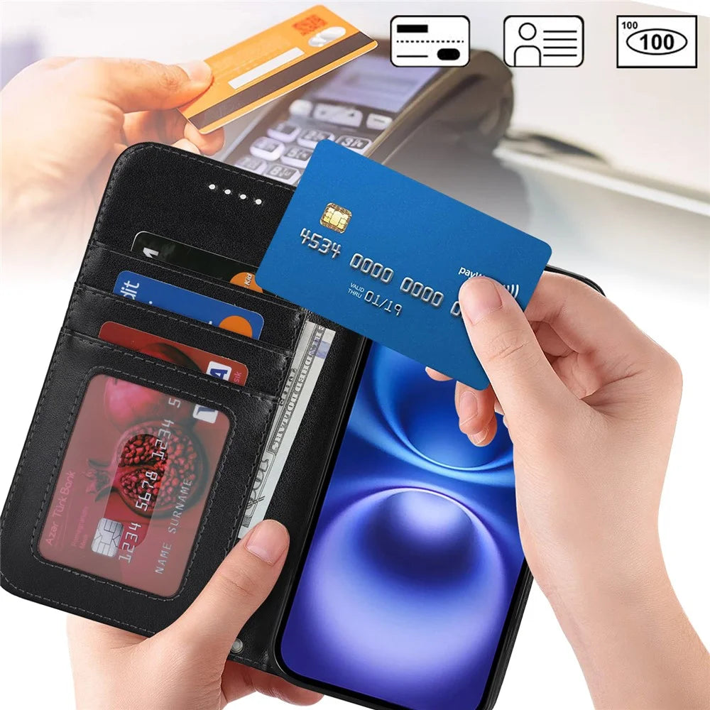 For iPhone 16 Stand Case Textured Leather Wallet Phone Cover with Strap - Black - 5
