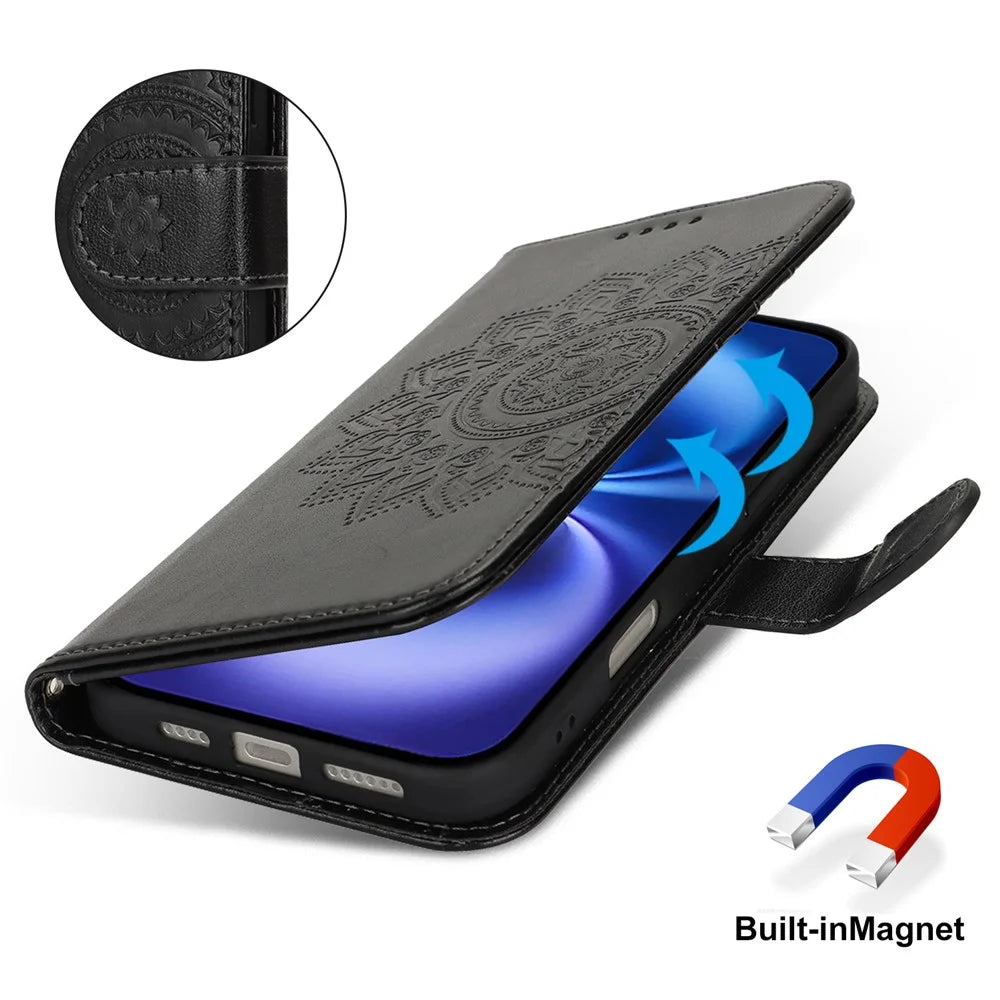 For iPhone 16 Stand Case Textured Leather Wallet Phone Cover with Strap - Black - 6