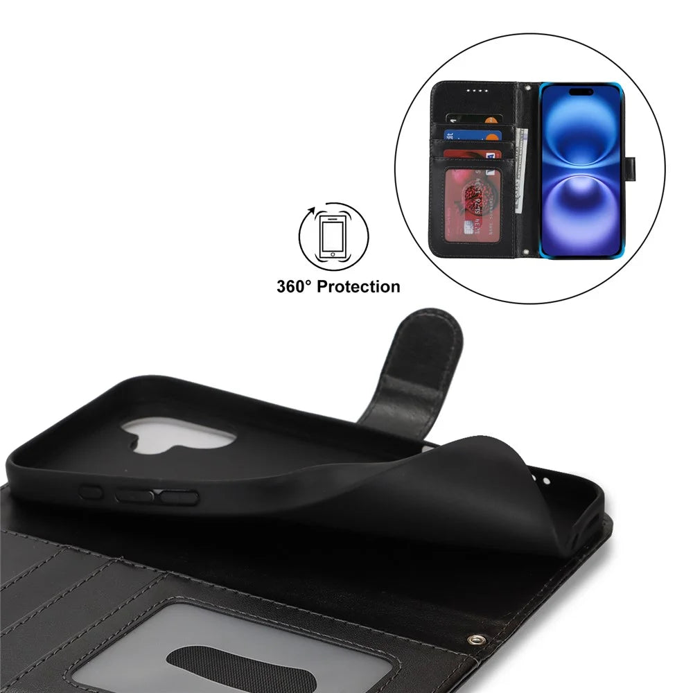 For iPhone 16 Stand Case Textured Leather Wallet Phone Cover with Strap - Black - 7