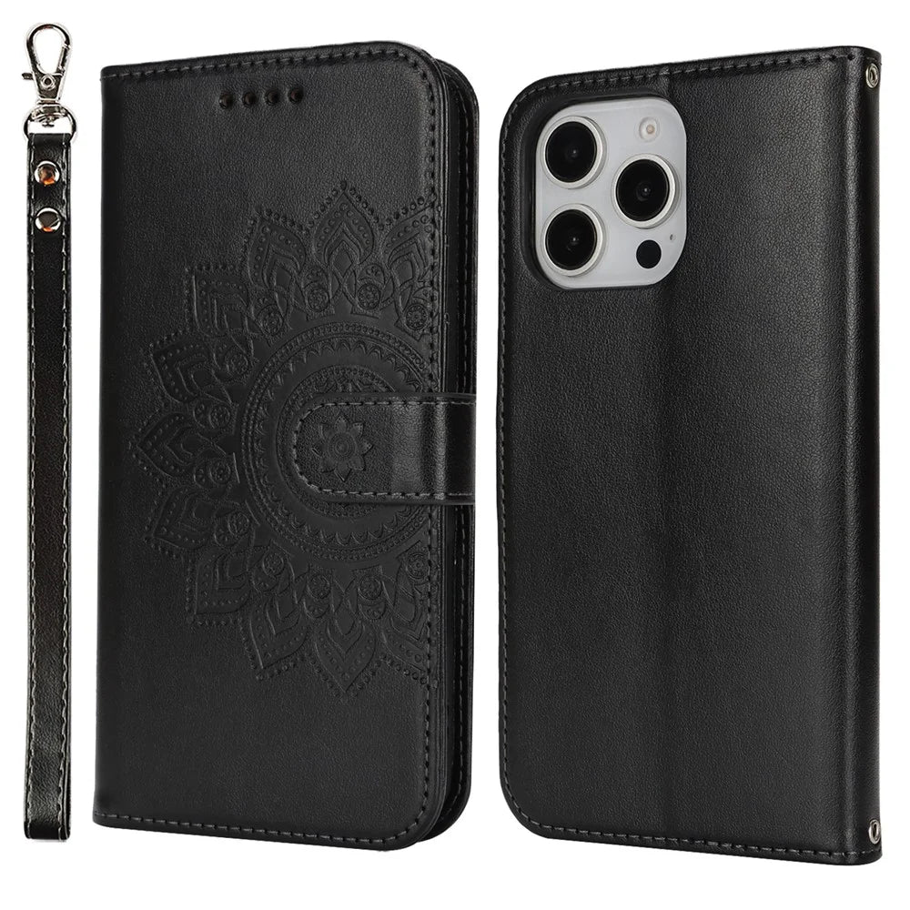 For iPhone 16 Pro Stand Case Textured Leather Wallet Phone Cover with Strap - Black - 1