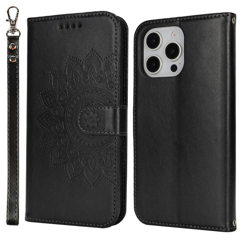 For iPhone 16 Pro Stand Case Textured Leather Wallet Phone Cover with Strap - Black - 1