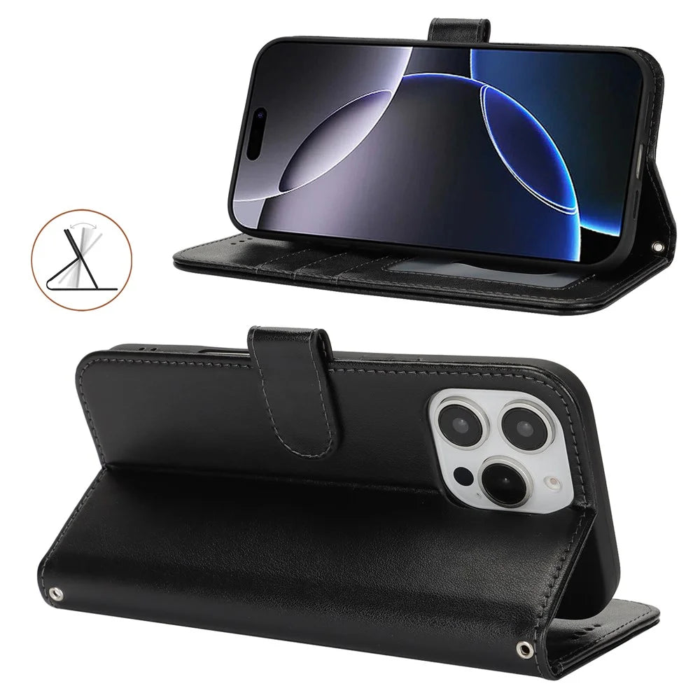 For iPhone 16 Pro Stand Case Textured Leather Wallet Phone Cover with Strap - Black - 2