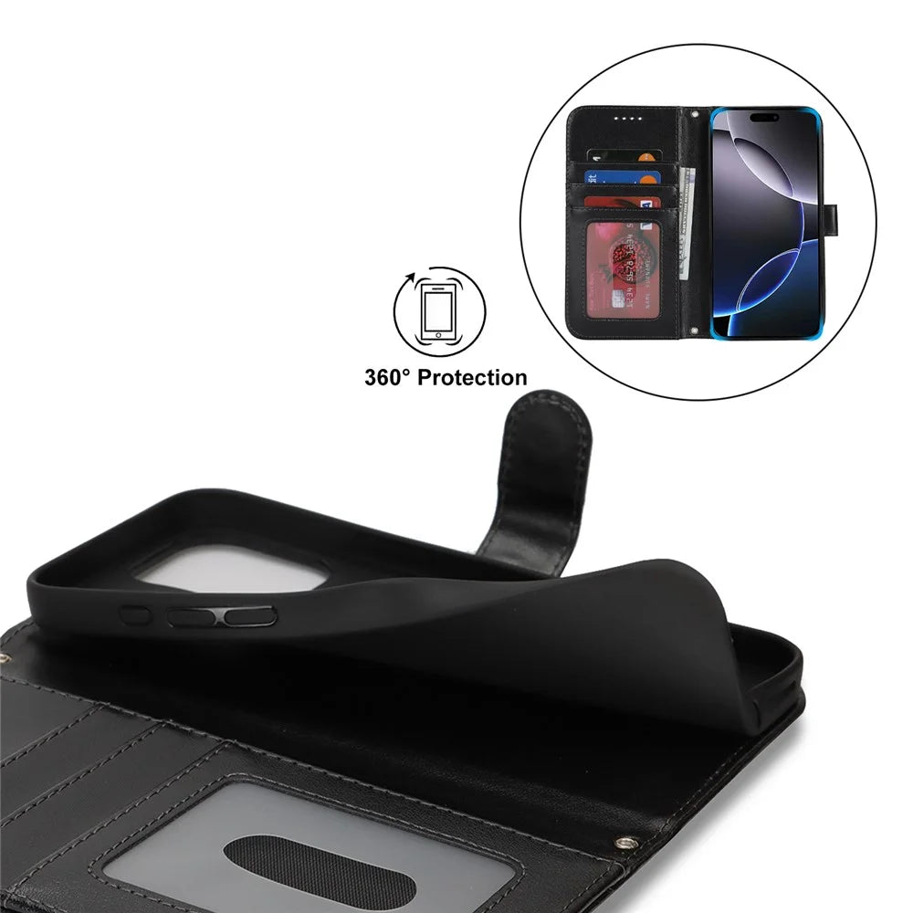 For iPhone 16 Pro Stand Case Textured Leather Wallet Phone Cover with Strap - Black - 7