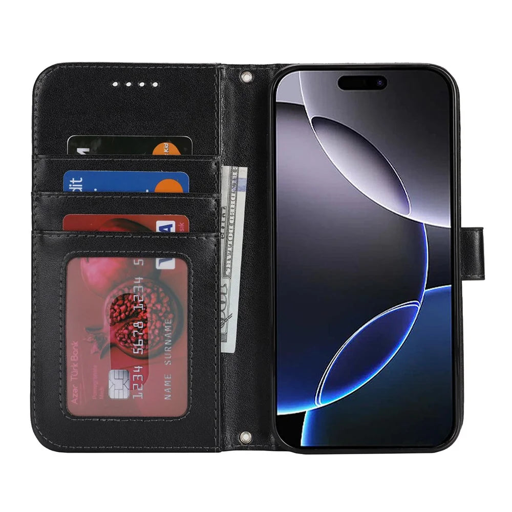 For iPhone 16 Pro Max Stand Case Textured Leather Wallet Phone Cover with Strap - Black - 3