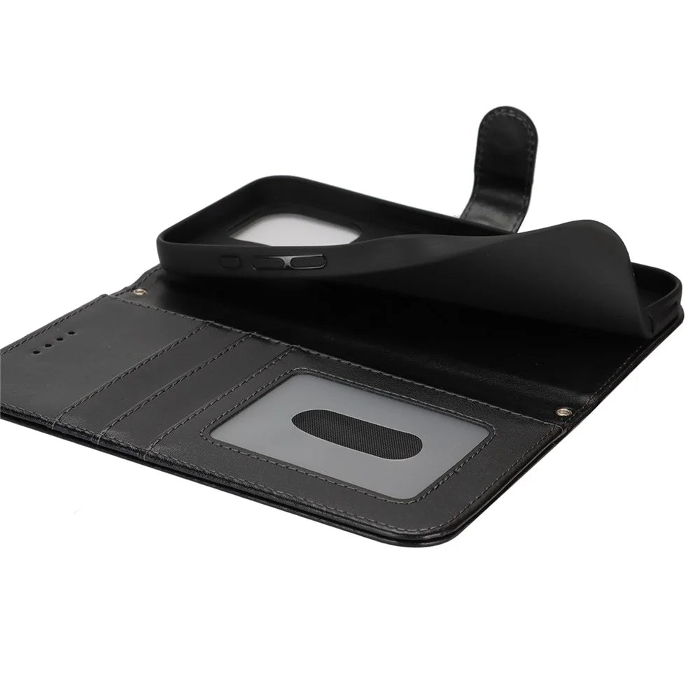 For iPhone 16 Pro Max Stand Case Textured Leather Wallet Phone Cover with Strap - Black - 4