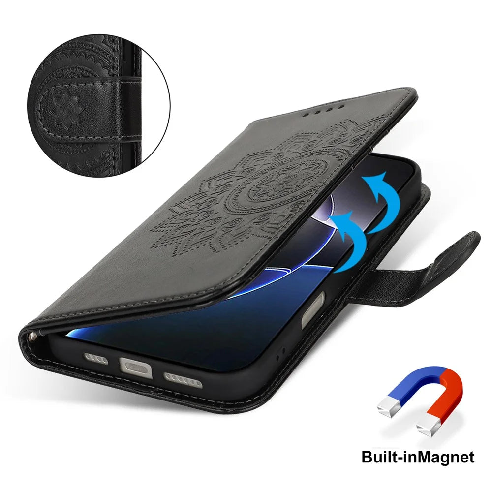 For iPhone 16 Pro Max Stand Case Textured Leather Wallet Phone Cover with Strap - Black - 6