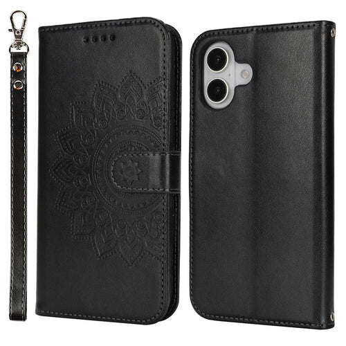 For iPhone 16 Plus Stand Case Textured Leather Wallet Phone Cover with Strap - Black - 1