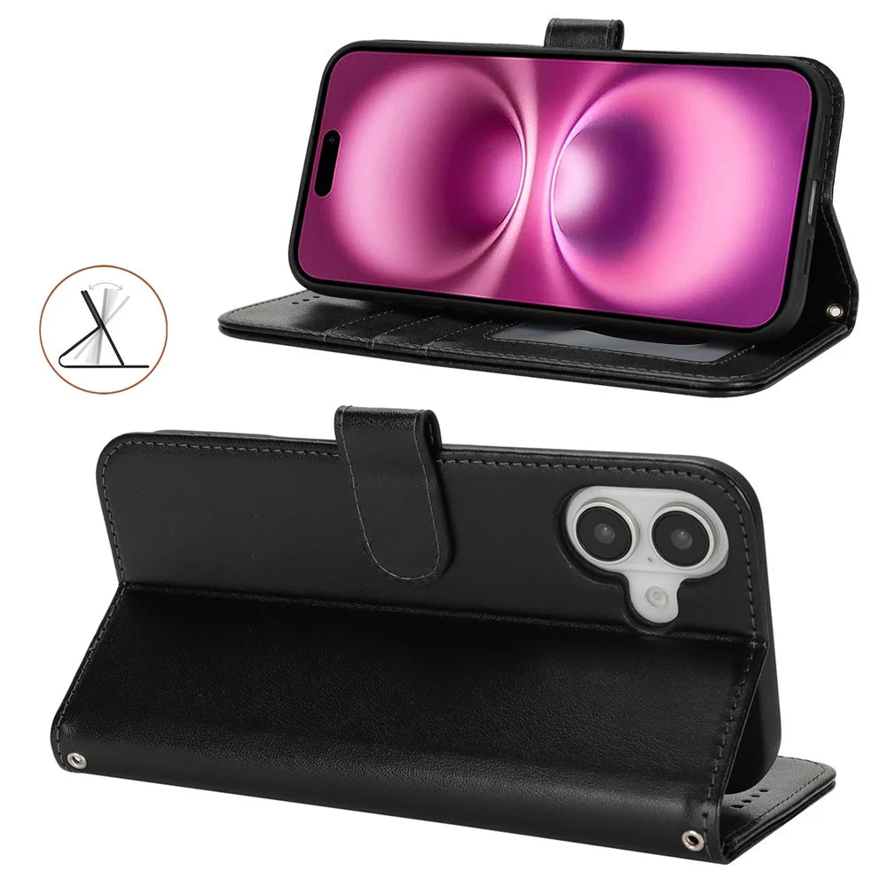 For iPhone 16 Plus Stand Case Textured Leather Wallet Phone Cover with Strap - Black - 2