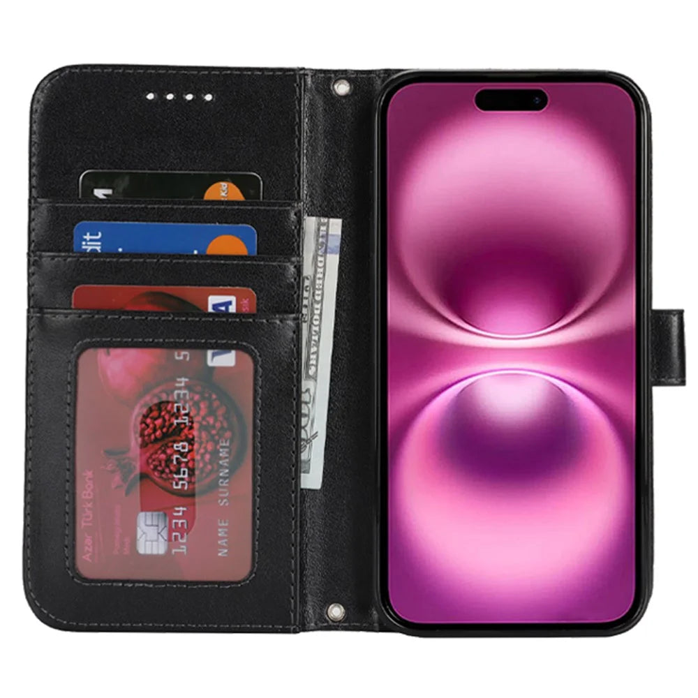 For iPhone 16 Plus Stand Case Textured Leather Wallet Phone Cover with Strap - Black - 3