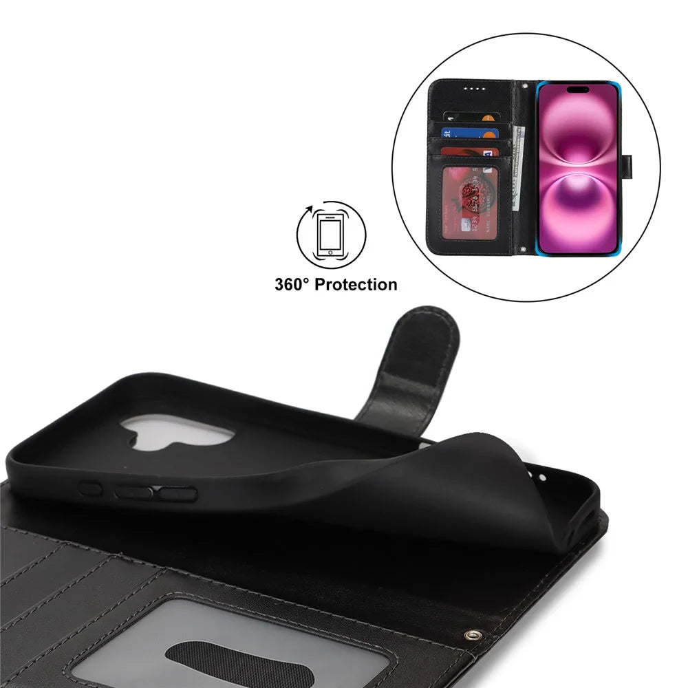 For iPhone 16 Plus Stand Case Textured Leather Wallet Phone Cover with Strap - Black - 4