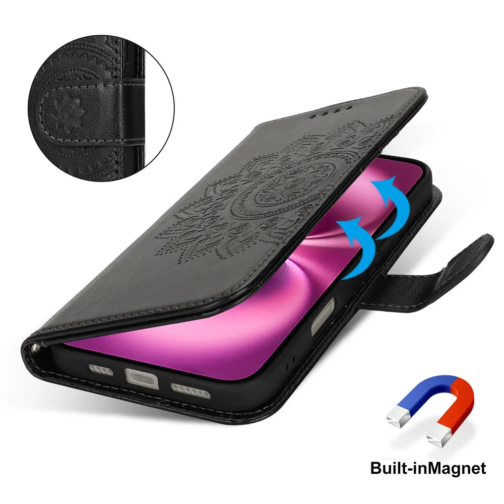 For iPhone 16 Plus Stand Case Textured Leather Wallet Phone Cover with Strap - Black - 7