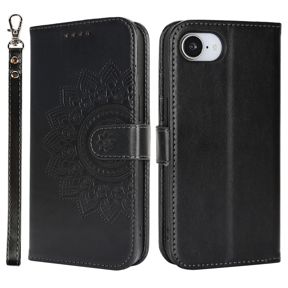 For iPhone 17e / 16e Case Textured Leather Wallet Phone Cover with Strap - Black - 1