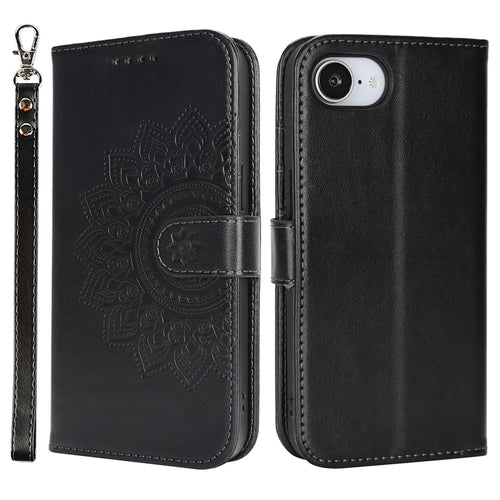 For iPhone 17e / 16e Case Textured Leather Wallet Phone Cover with Strap - Black - 1